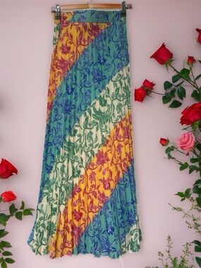 Colorblock Floral Pleated Midi Skirt - Yellow, Blue, Green, Cream